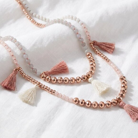 J.Crew 32" Long Beaded Tassel Necklace | Rose Gold, Gray & Blush Pink - Picture 6 of 7
